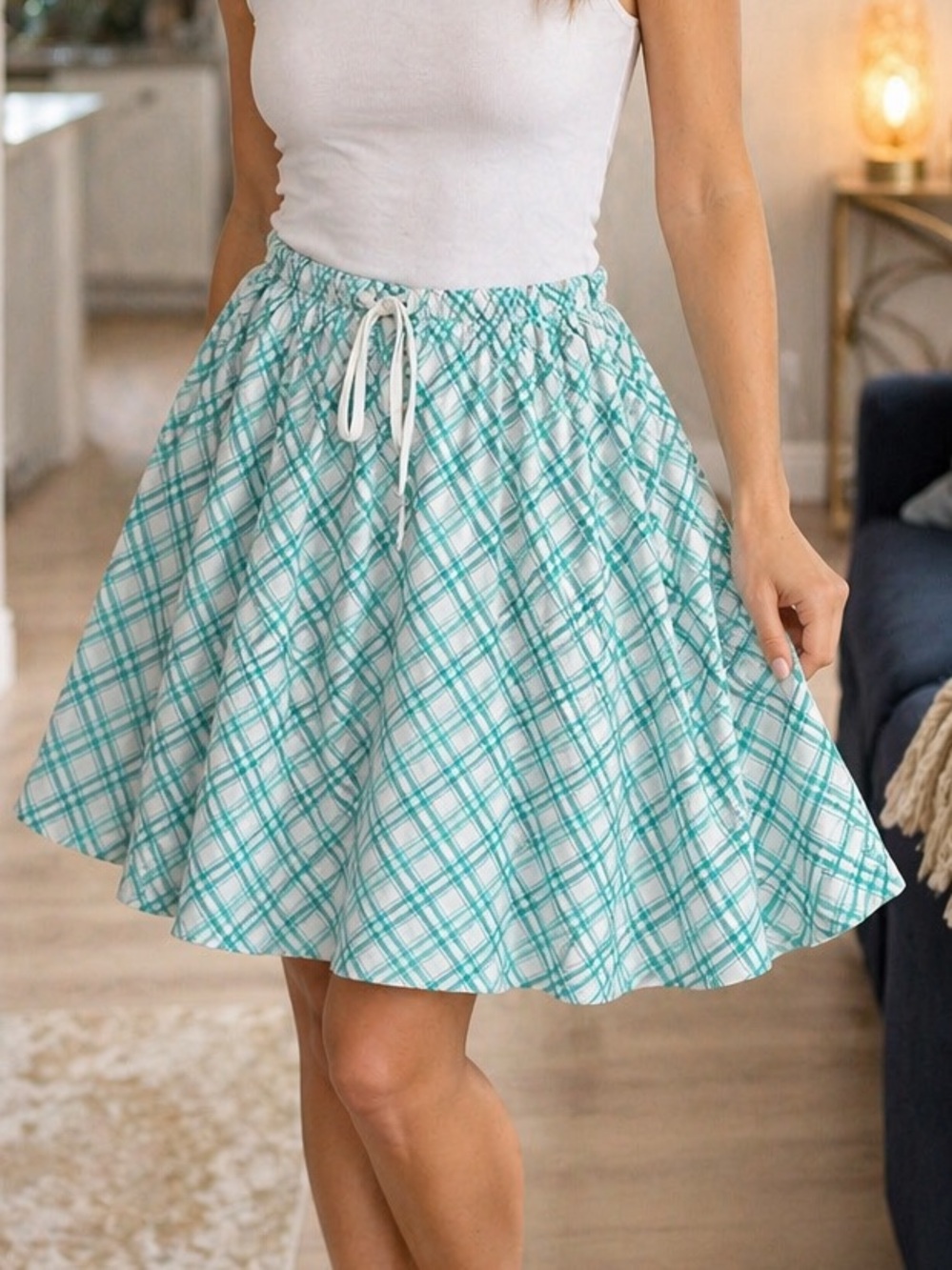 Anthropologie Plaid A-Line Skirt NWT Medium Teal White Pockets Flare